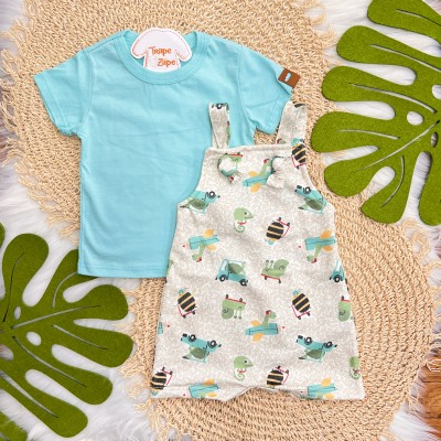  Conj. Camiseta Manga Curta e Jardineira Dinos com Bichinhos - Off White e Verde Água